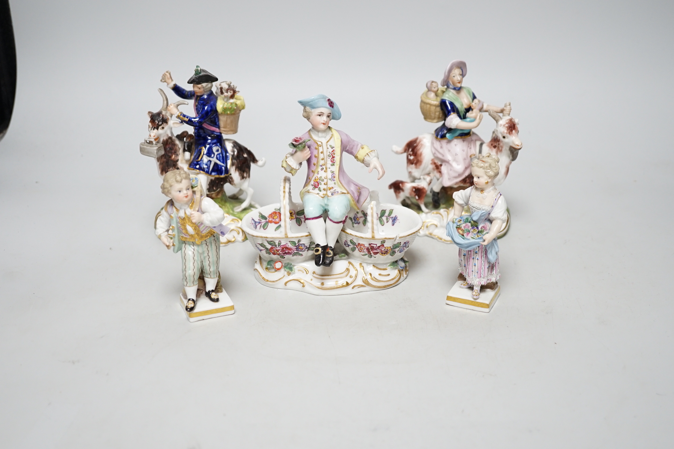 A pair of 19th century Derby figures, a pair of Meissen figures and another, tallest 13cm